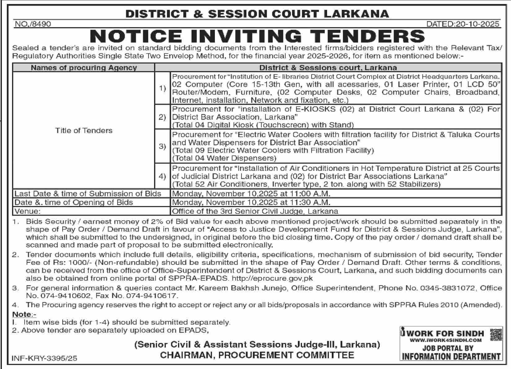 District & Session Court Larkana Tender Notice